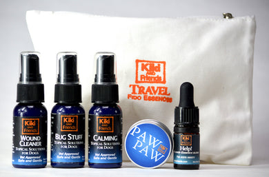 Kiki's Travel Kit in a compact pouch is essential equipment for anyone who likes to journey with their dog. It includes Calming, Bug Stuff & Wound Cleaner sprays in 1oz plastic bottles, Paw Paw Herbal Salve for pad protection & a flower essence blend called Help! for acute anxiety. Safe & Gentle/Veterinarian approved.